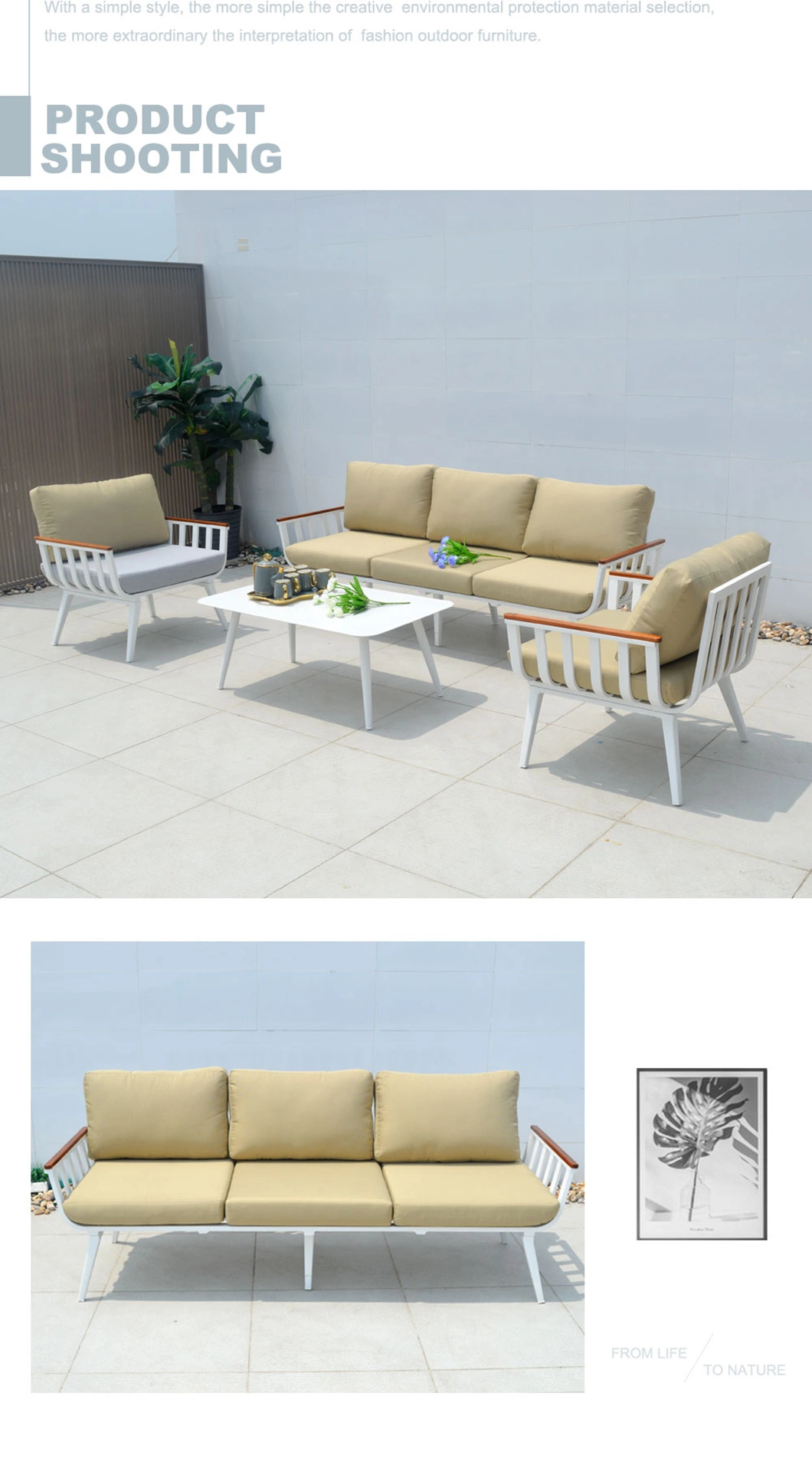 Modern Design Kd Structure Garden Furniture Outdoor Sofa with Teak Armrest Aluminum Sofa Set