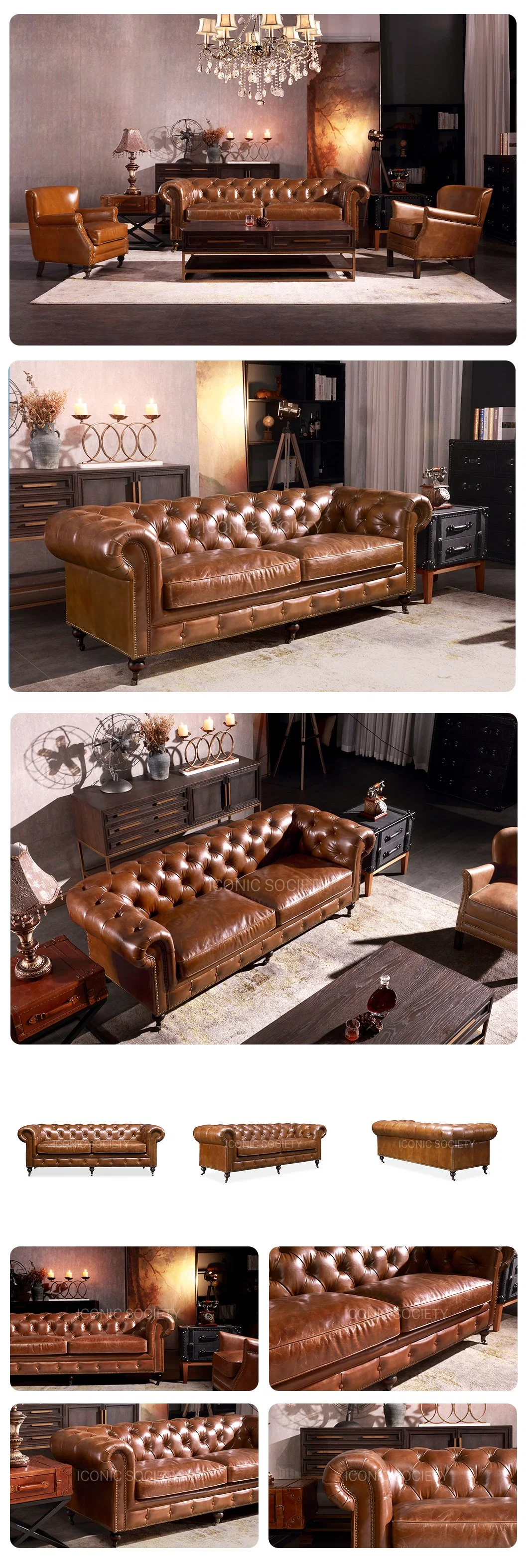Luxury Living Room Hotel Home Furniture Office Couch Wooden Frame Antique Handmade Classic Style Chesterfield Genuine Leather Sofa